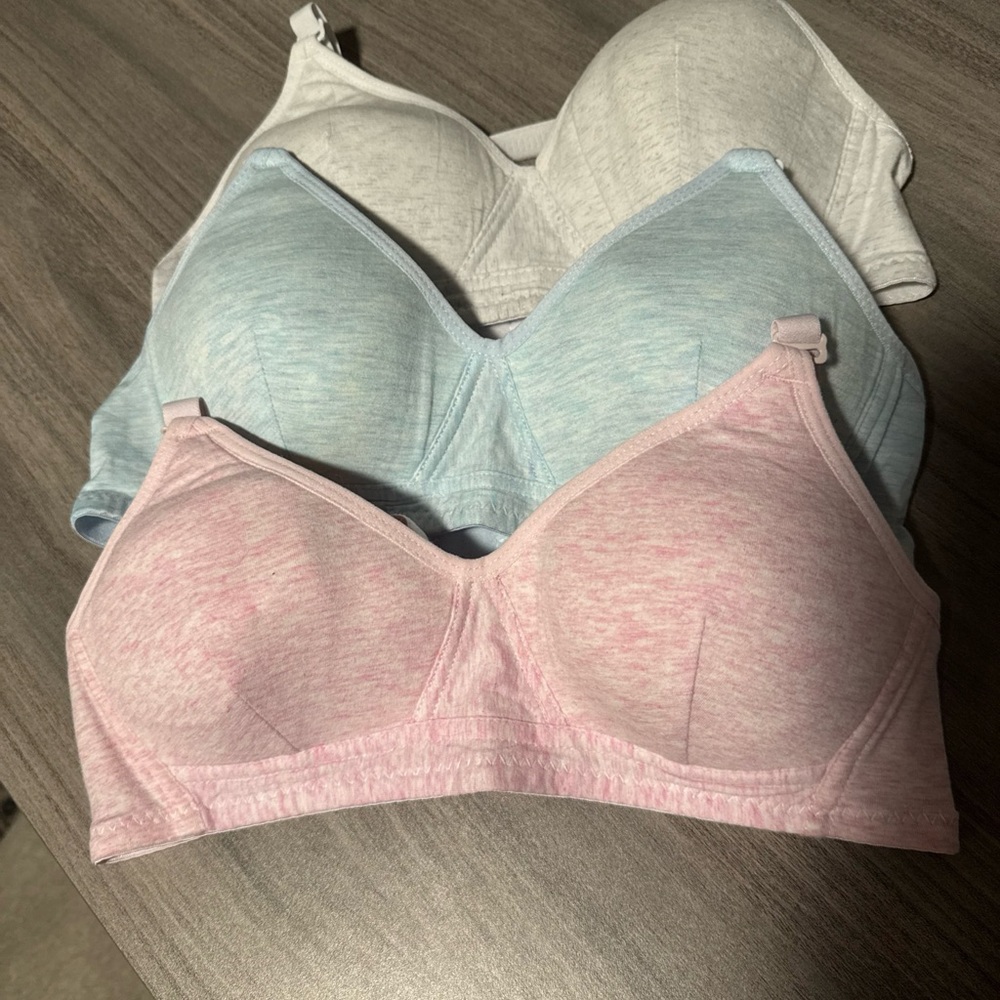 Girl’s Size 32 Soft Cotton Bra Set - Pink, Blue, Gray